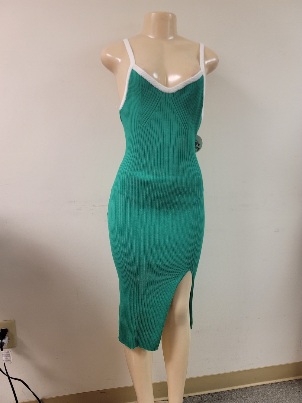 Green Ribbed Knit Slip Dress with White Trim